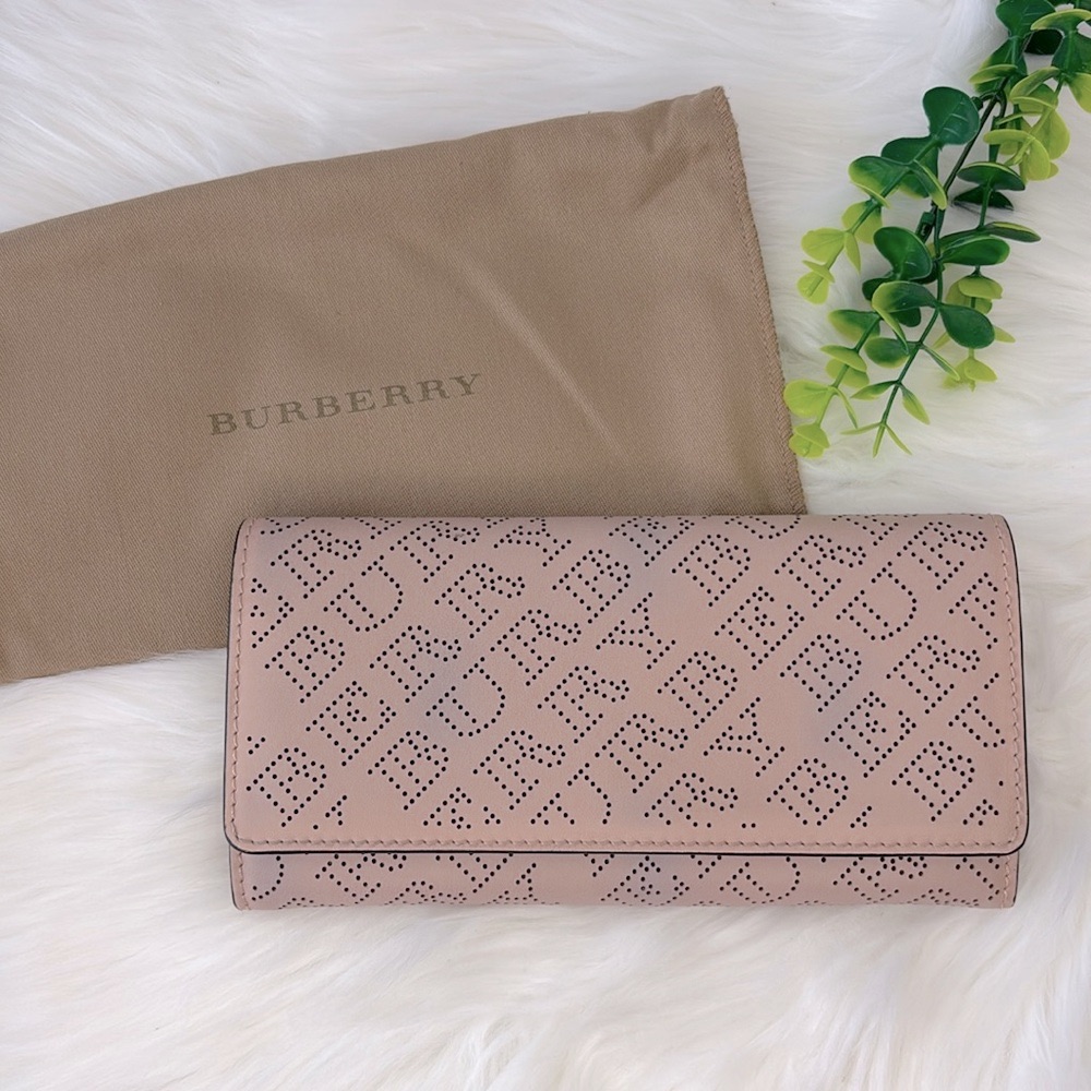 Burberry Calfskin Perforated Long Wallet Pale Fawn Pink Authentic